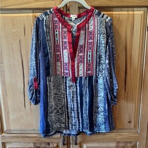 Chic Bohemian Patchwork Blouse - Burgundy and Blue